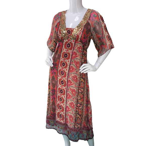 New Look Womens Size UK 12 US 8 Kaftan Midi Dress Half Sleeve Paisley Silk Red - Picture 1 of 15
